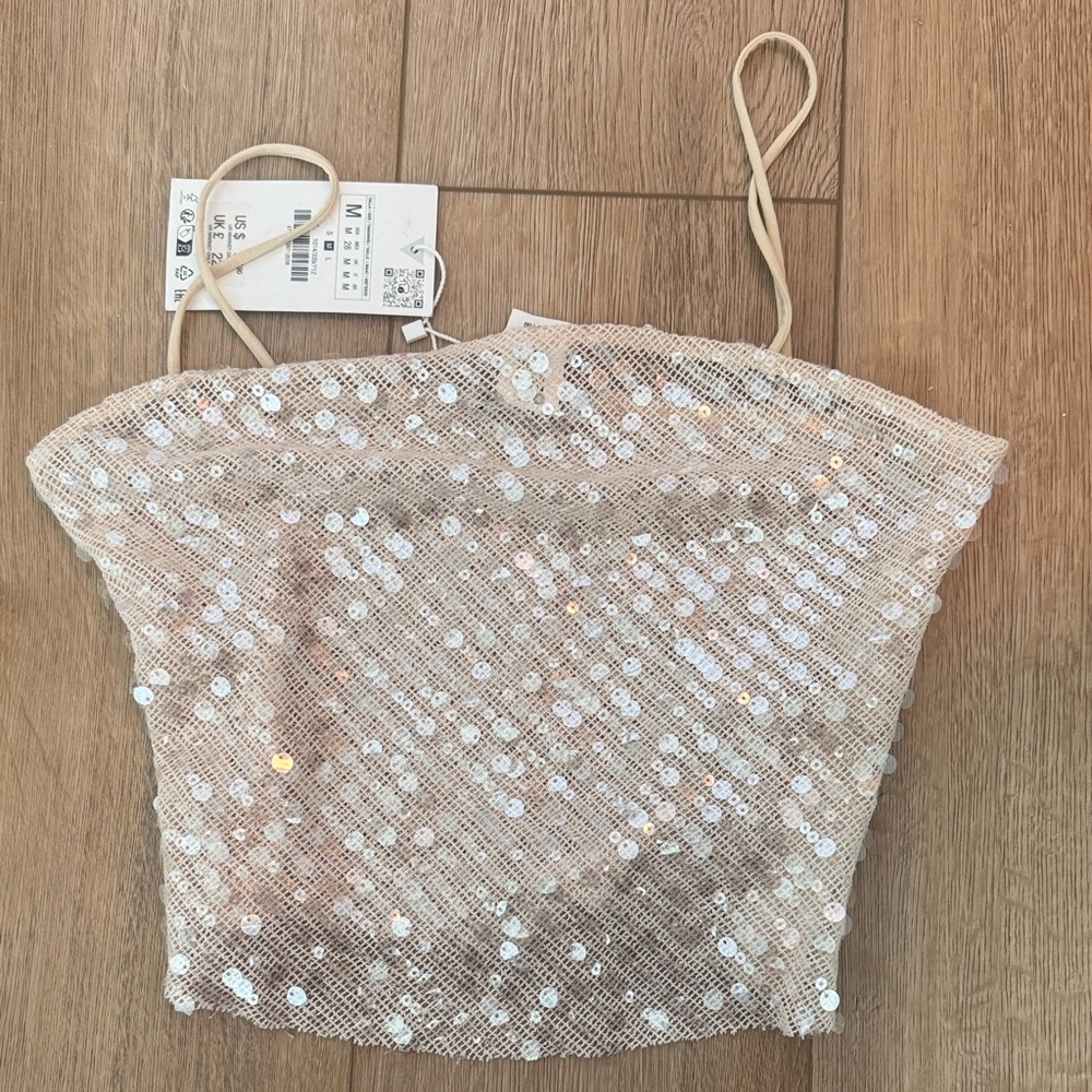 Zara Champagne Sequin Mesh Crop Top